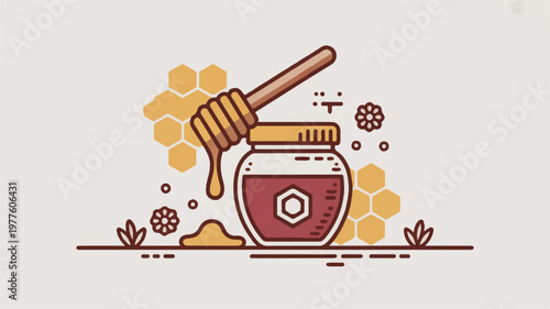 honey jar with dipper and honeycomb on beige background