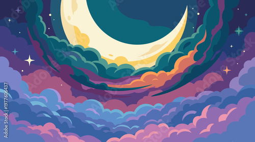 A stunning celestial illustration featuring a crescent moon surrounded by vibrant clouds and twinkling stars, evoking feelings of wonder and tranquility in the night sky.