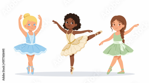 A delightful illustration of three young ballerinas in tutus performing elegant dance poses, capturing the essence of joy, teamwork, and artistic expression through ballet.