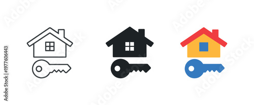 Home loan concept illustrated by matching house with key icons aligned horizontally with identical roofline shape and key