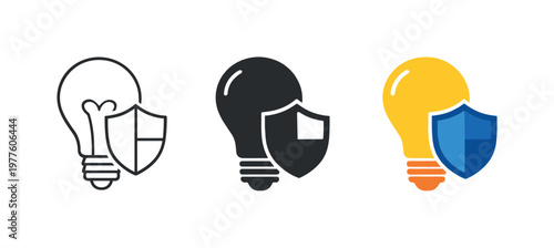 Creative rights concept illustrated by matching light bulb with shield icons aligned horizontally with identical glass bulb shape