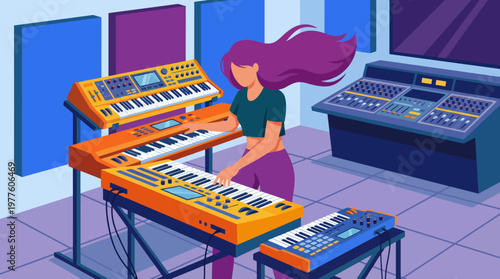 An illustration of a female music producer working on digital synthesizers and keyboards in a modern studio, highlighting creativity and the power of music production in a vibrant setting.