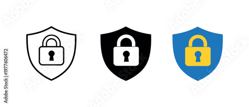 Data protection concept illustrated by matching shield with lock icons aligned horizontally with identical protective crest shape
