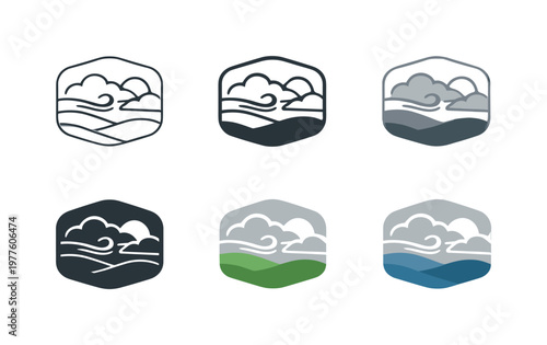 Emblem conveying grey day sky through a smooth atmospheric mass with subtle layered contours and a minimal wind swirl detail,