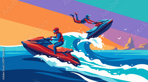 An exhilarating illustration showing two jet skiers racing across colorful ocean waves, capturing the thrill of adventure and the beauty of water sports in a dynamic setting.