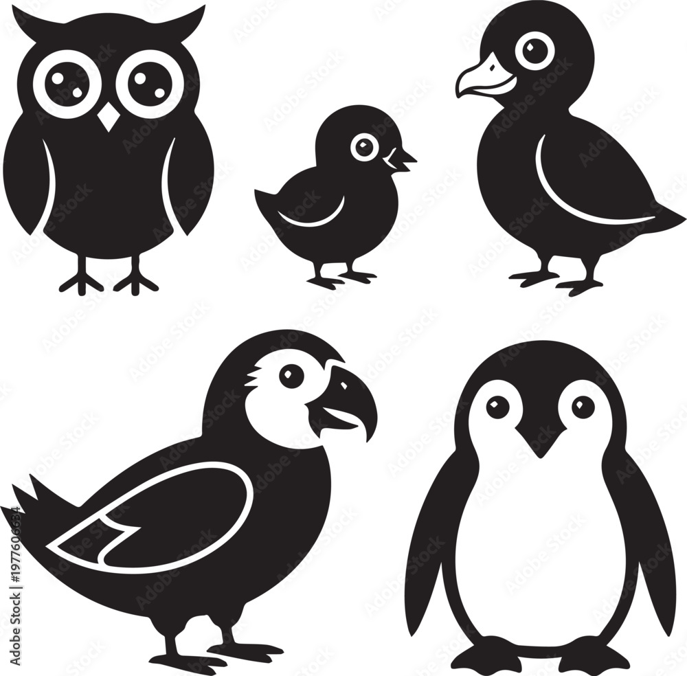 Fototapeta premium Black and white of five cute cartoon penguins standing in a row five penguins