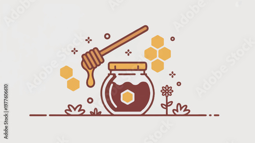 Honey jar with honeycomb and dipper on light background