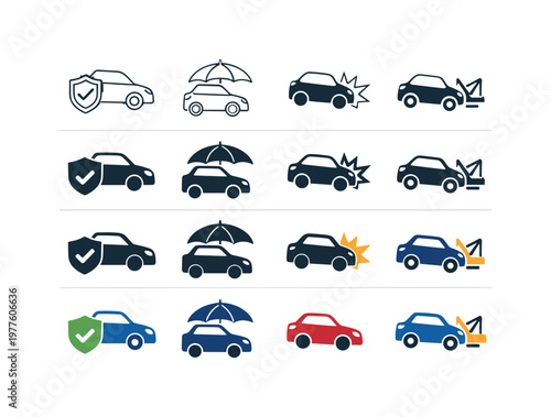 Collection of car insurance icons showing protection, accident, and towing services