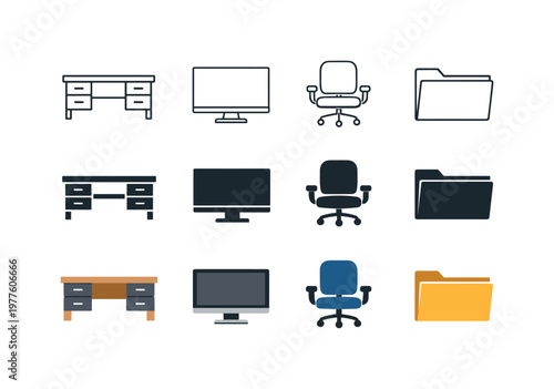 Desk for workspace, computer monitor for digital tasks, office chair for seating, and file folder for documents. Depict a strict