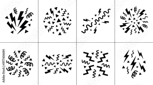 Eight Black Abstract Explosions with Lightning Bolts and Squiggles confetti