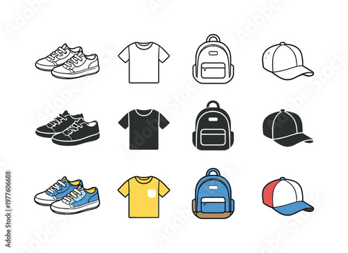 Collection of casual clothing and accessory icons in various styles