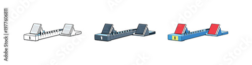 Stadium competition context depicted with same starting blocks arranged in a straight horizontal row, identical angled platforms