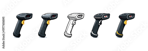 Warehouse coordination context conveyed by identical barcode scanners arranged in a straight horizontal row, same handle angles