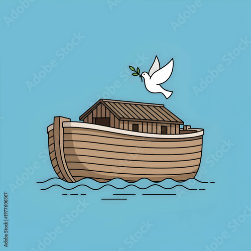 Flat Vector Illustration of Noah's Ark with Dove and Olive Branch