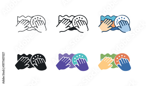 Set of icons showing hands cleaning with sponges and cloths in various styles