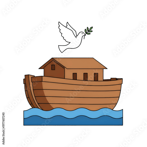 Flat Vector Illustration of Noah's Ark with Dove and Olive Branch
