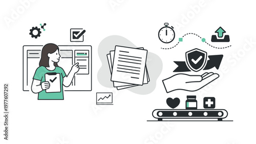 Modern minimal flat vector conceptual collage, crisp hard edges, consistent THIN outline stroke, rounded corners where needed,