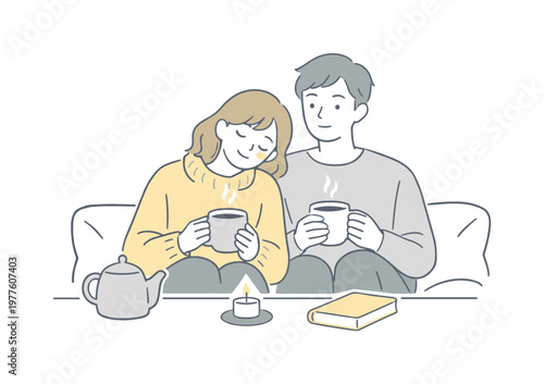 Couple enjoying coffee together in an evening setting, sitting side by side and enjoying shared silence, minimalist flat vector