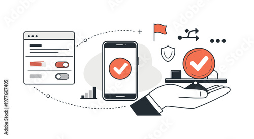 Modern minimal flat vector conceptual collage, crisp hard edges, consistent THIN outline stroke, rounded corners where needed,