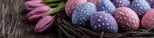 Close up of colorful pastel Easter eggs with white dots in wicker basket and pink tulips on rustic wooden surface.