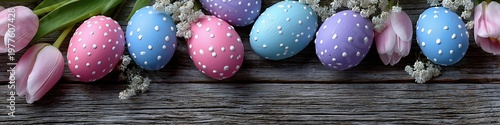 Top view of colorful pastel Easter eggs with white dots and pink tulips on rustic wooden surface.