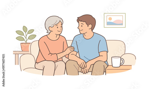 Family Connection Moment. Two family members sharing meaningful moment together at home, casual seating and subtle gestures