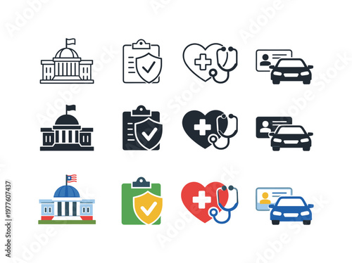 Icon object one representing the first government service element, icon object two representing the second, icon object three