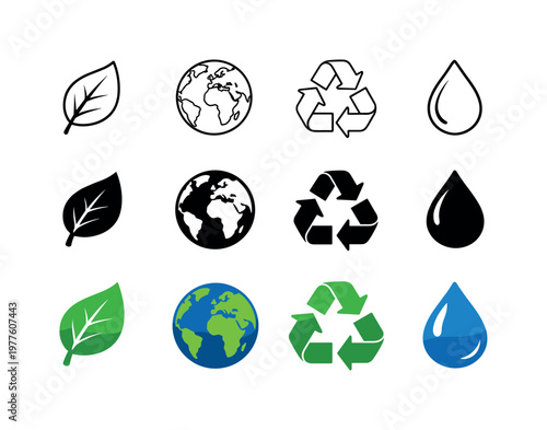 Leaf for nature, globe for the planet, recycle symbol for sustainability, and water drop for clean water. Render on a strict 3:2