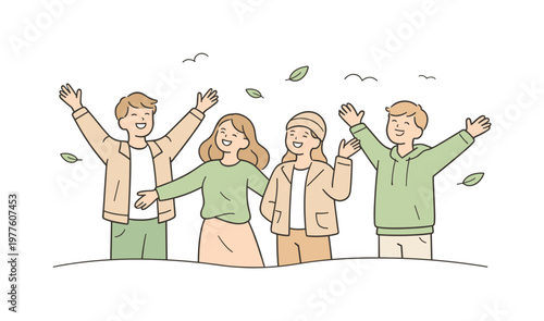 Friends welcoming new season standing outdoors together and smiling as they enjoy fresh air, minimalist flat vector illustration