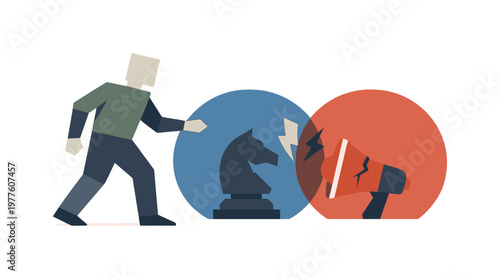 Conceptual understanding deepens as the figure steps into overlapping space to examine conflict directly. Stylized editorial