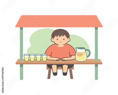 Quiet child sells lemonade at a small stand as cups line the counter and sunlight rests on the simple setup calmly | scene of