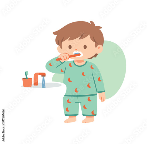 Small child brushes teeth at sink before sleep as water runs softly and pajamas show a calm nightly routine before bedtime now