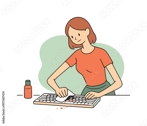Warm person wipes a keyboard with a cloth, lifting one corner carefully as crumbs disappear and focus feels steady | scene of
