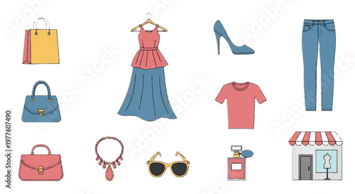Fashion icons, clothing accessories, vector illustrations, shopping, style elements