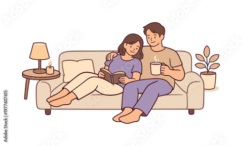 Cozy Evening Relaxation. Man woman daily routine spending time together in the evening, sitting on a sofa and unwinding calmly,