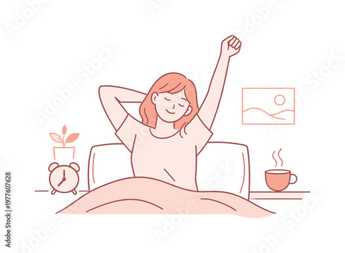 Woman calmly stretching after sleep as daily ritual, friendly proportions and peaceful expression capturing wellness and
