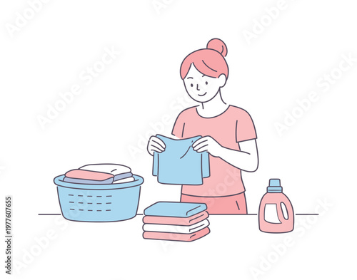 Minimalist Laundry Routine. Woman finishing laundry routine by folding clean clothes, friendly proportions and steady posture