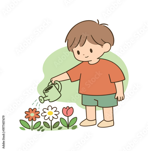 Child Watering Flowers. Warm child waters garden flowers holding a small can steadily as leaves shine softly and the moment feels