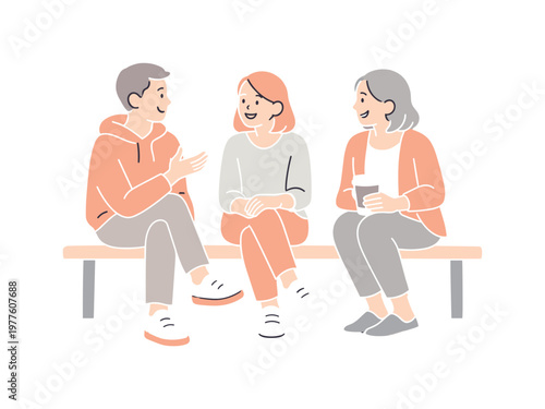 Three friends chatting and enjoying coffee together on a bench