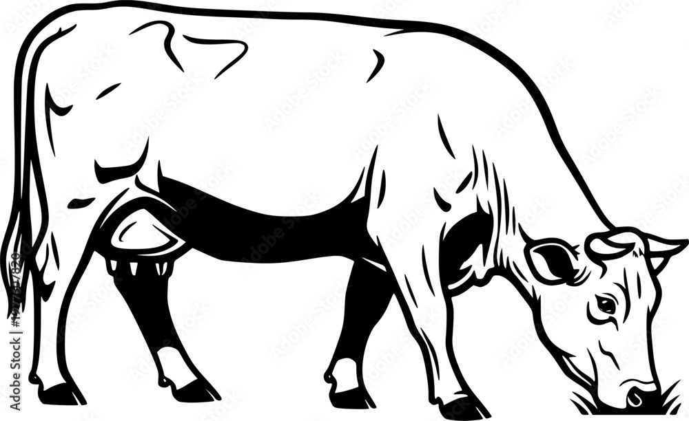 Fototapeta premium Grazing Cow Silhouette Farm Animal Livestock Rural Dairy Farming Nature Vector