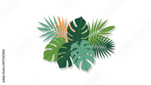 tropical leaves and foliage arrangement in various green and orange hues on white