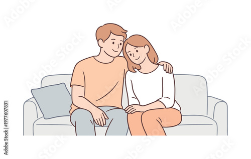 Man woman smiling together while sitting on a sofa with relaxed posture and gentle expressions, minimalist flat vector