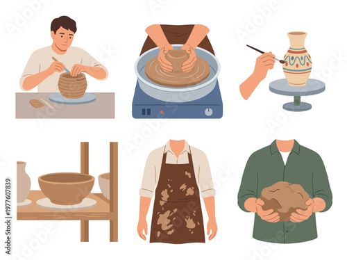 Pottery workshop scenes: hands on potter's wheel, shaping clay, painting ceramics, flat vector illustration