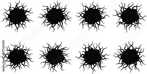 Eight black abstract spiky sunburst or explosion shapes on a white background vector illustration