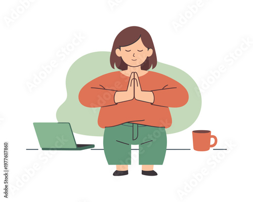 Woman meditating at her desk to de-stress from work and find inner peace