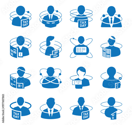 blue icons of people working on tax day