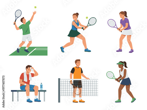 Tennis players set: flat vector illustrations of athletes serving, hitting backhand and training on court