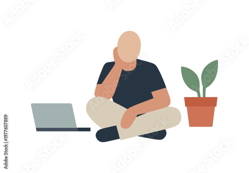 Person sitting cross-legged with laptop and potted plant, contemplating ideas