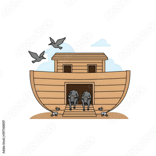 Colorful Flat Vector Illustration of Noah's Ark with Animals