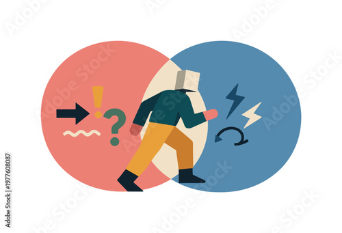 Individual stepping into the overlap to understand conflicting signals within the meaning-making process. Stylized editorial